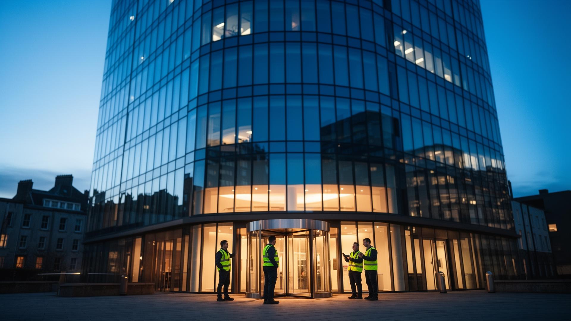Modern Dublin commercial building at dusk with facilities team