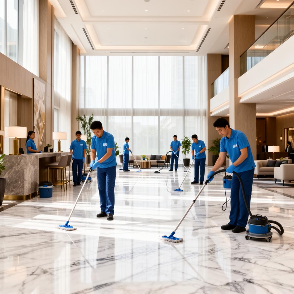 Soft services team in modern lobby